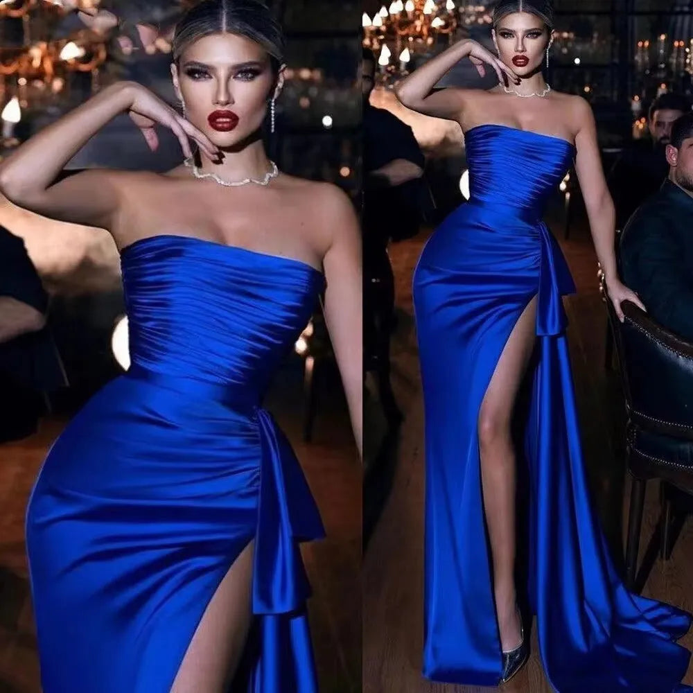 Mermaid Royal Blue Arabia Prom Dresses Satin Pleats Slit Side Dubai Formal Evening Dress Customize Women's Party Gowns