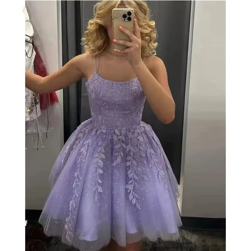Lavender Shiny Tulle Short Prom Dresses Appliques Lace Corset Back Cocktail Gowns Homecoming Dress Graduation Party