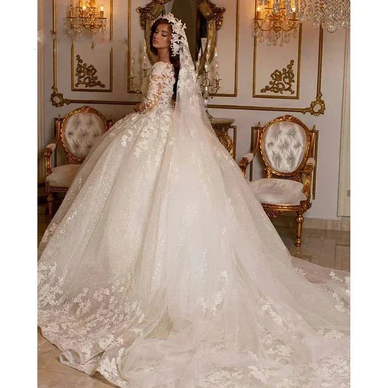 Vintage 2023 Lace Wedding Dresses Princess Ball Gown Beading Bridal Gowns Shinny Tulle Long Sleeves Ivory Dubai Marriage Dress (ZD13480) - View 2 | VelvetHem