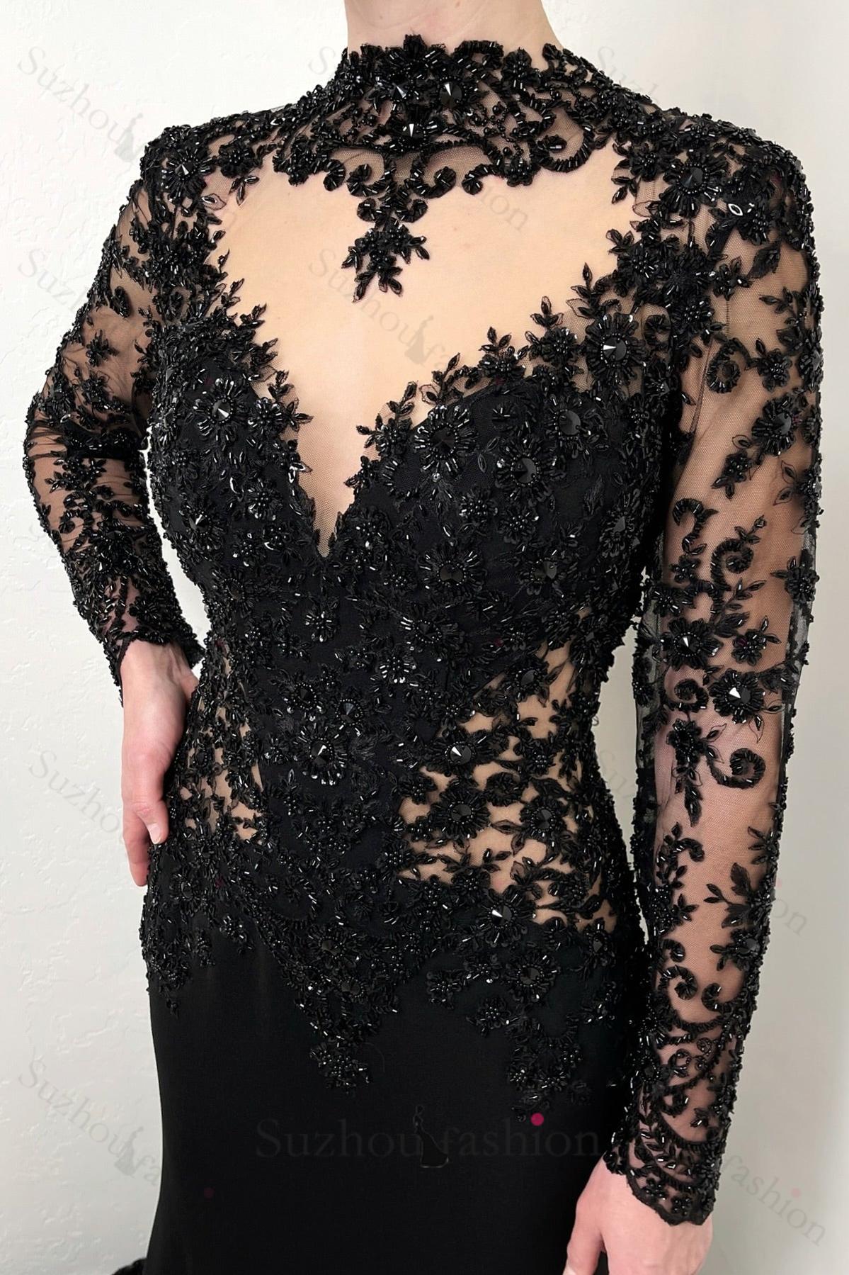 Vintage Black Prom Dress Mermaid Lace High Neck Sleeves Beaded Cathedral Train Satin Formal Dress