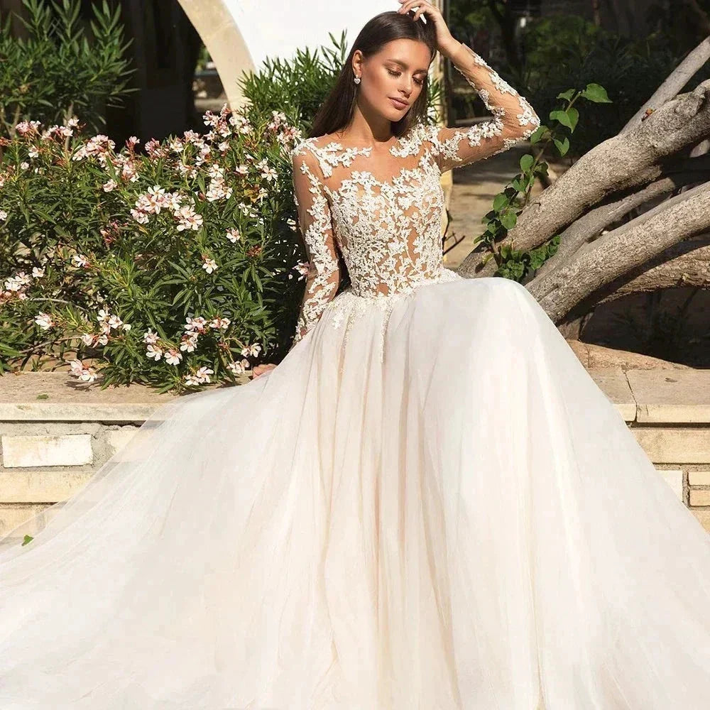 Vintage Boho Wedding Dresses For Women's Elegance 2023 Beach Princess A-Line Long Sleeves Illusion Bodices Country Bridal Gowns (ZD14189)