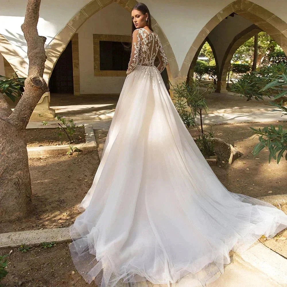 Vintage Boho Wedding Dresses For Women's Elegance 2023 Beach Princess A-Line Long Sleeves Illusion Bodices Country Bridal Gowns (ZD14189)