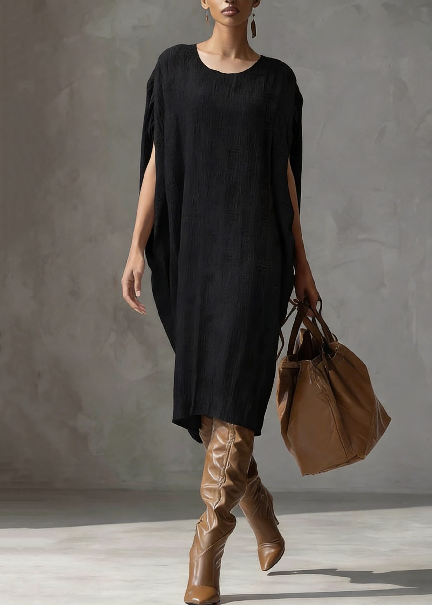 Vintage Coffee O Neck Oversized Silk Cotton Dress Batwing Sleeve