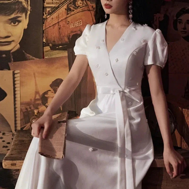 Elegant V-neck Wedding Party Dresses Belt Lace Up Slim Waist Pull Sleeve Evening Dress Simple Beading French Chic Robe (ZD13537)