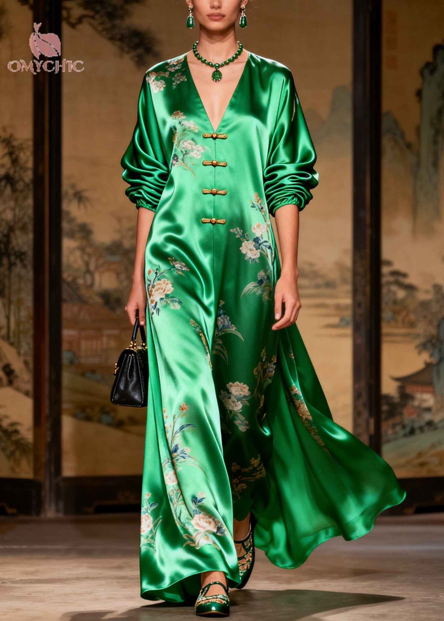 Vintage Grass Green Print Chinese Button Draping Silk Dress Long Sleeve