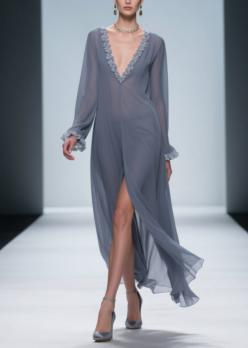Vintage Grey Lace Side Open Chiffon Dress Flare Sleeve
