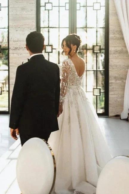 Vintage Long A-line V-neck Lace Wedding Dress with Long Sleeves (ZD15612) - View 2 | VelvetHem