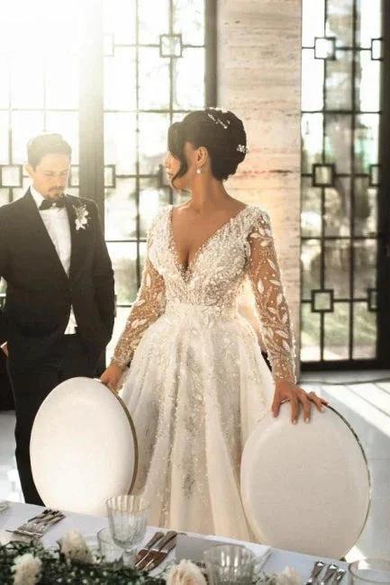 Vintage Long A-line V-neck Lace Wedding Dress with Long Sleeves (ZD15612) - VelvetHem