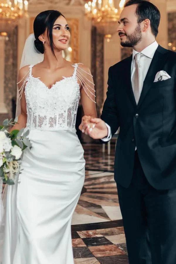 Vintage Long Mermaid Beading Sleeveless Wedding Dresses With Lace (ZD15646)