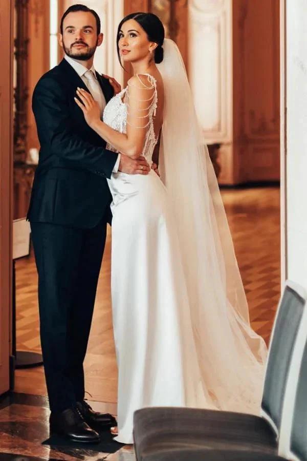 Vintage Long Mermaid Beading Sleeveless Wedding Dresses With Lace (ZD15646)