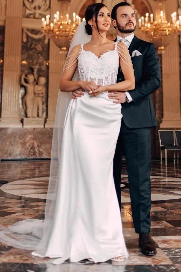 Vintage Long Mermaid Beading Sleeveless Wedding Dresses With Lace (ZD15646)