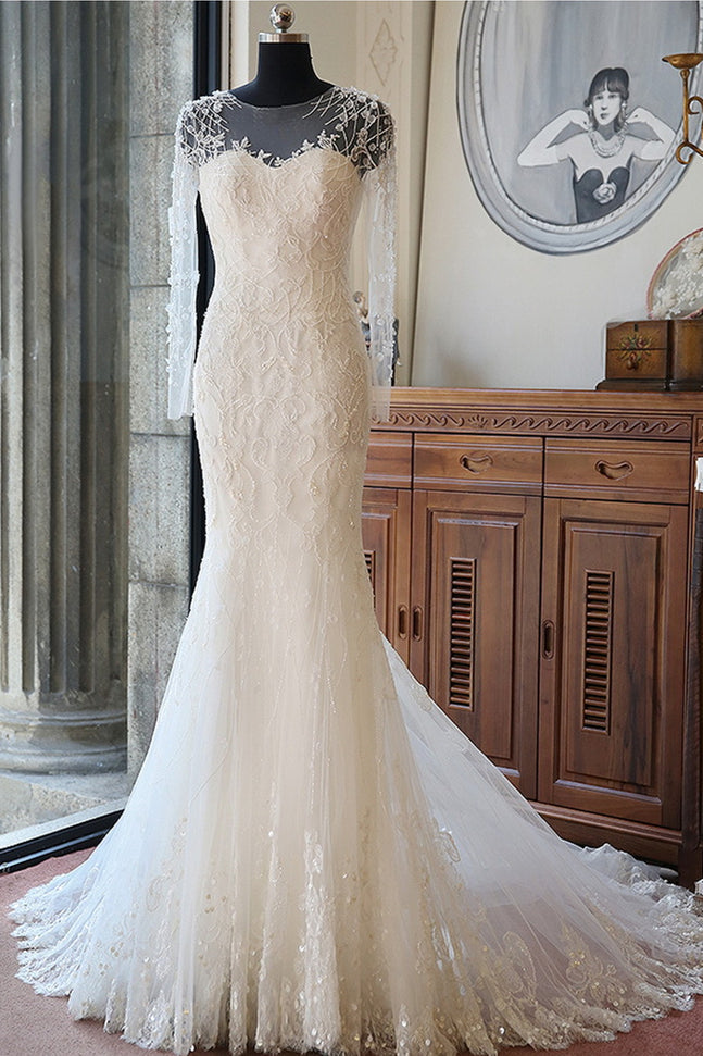 Vintage Long Sleeve Mermaid Tulle Bridal Gown New Arrival Court Train Wedding Dresses