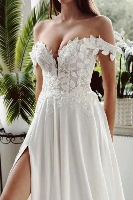 Vintage Long White A-line Off-the-shoulder Wedding Dress with Slit (ZD15572)