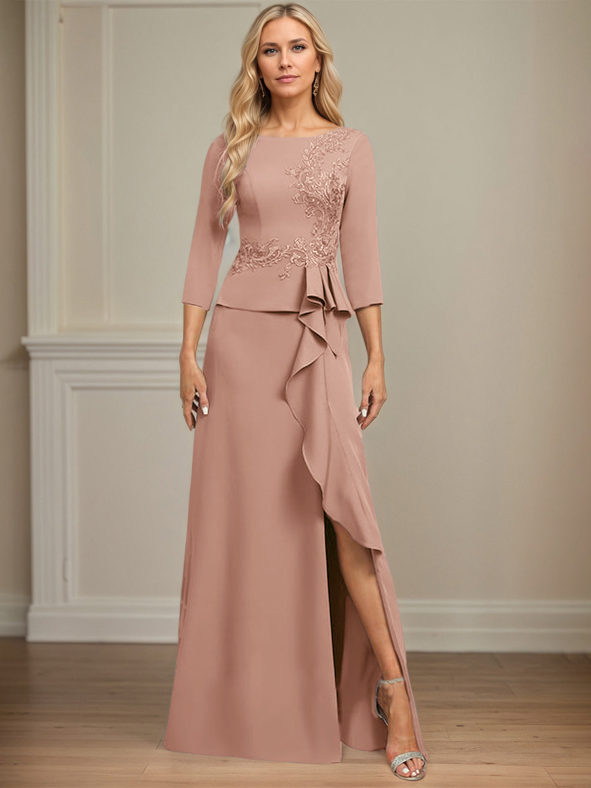 Sheath/Column Scoop Floor-Length Stretch Crepe Dress With Cascading Ruffles Appliques