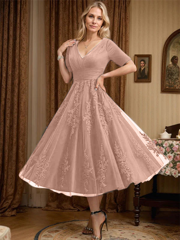 A-line V-Neck Tea-Length Tulle Lace Mother of the Bride Dress With Pleated