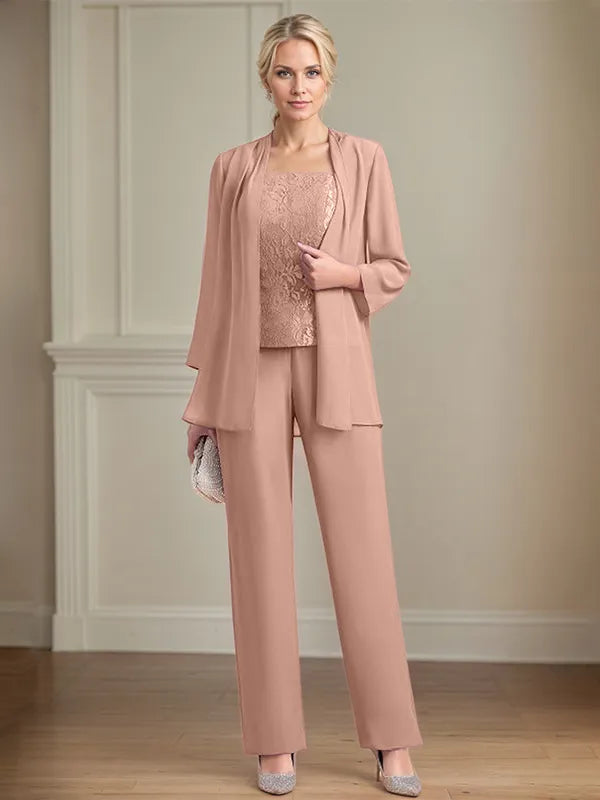 Chiffon Square Neck Sleeveless Floor Length Mother of the Bride Pantsuits