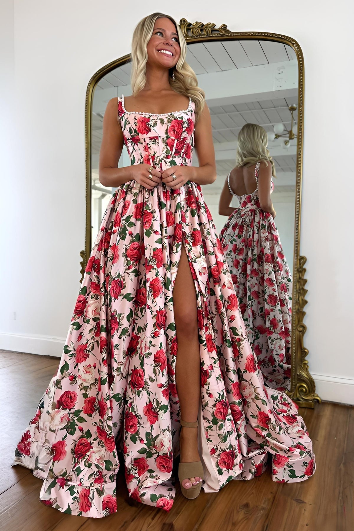 Suzhoufashion Pink Floral Square Neck Long Corset Prom Dress With Slit And Pearls Formal Evening Gown