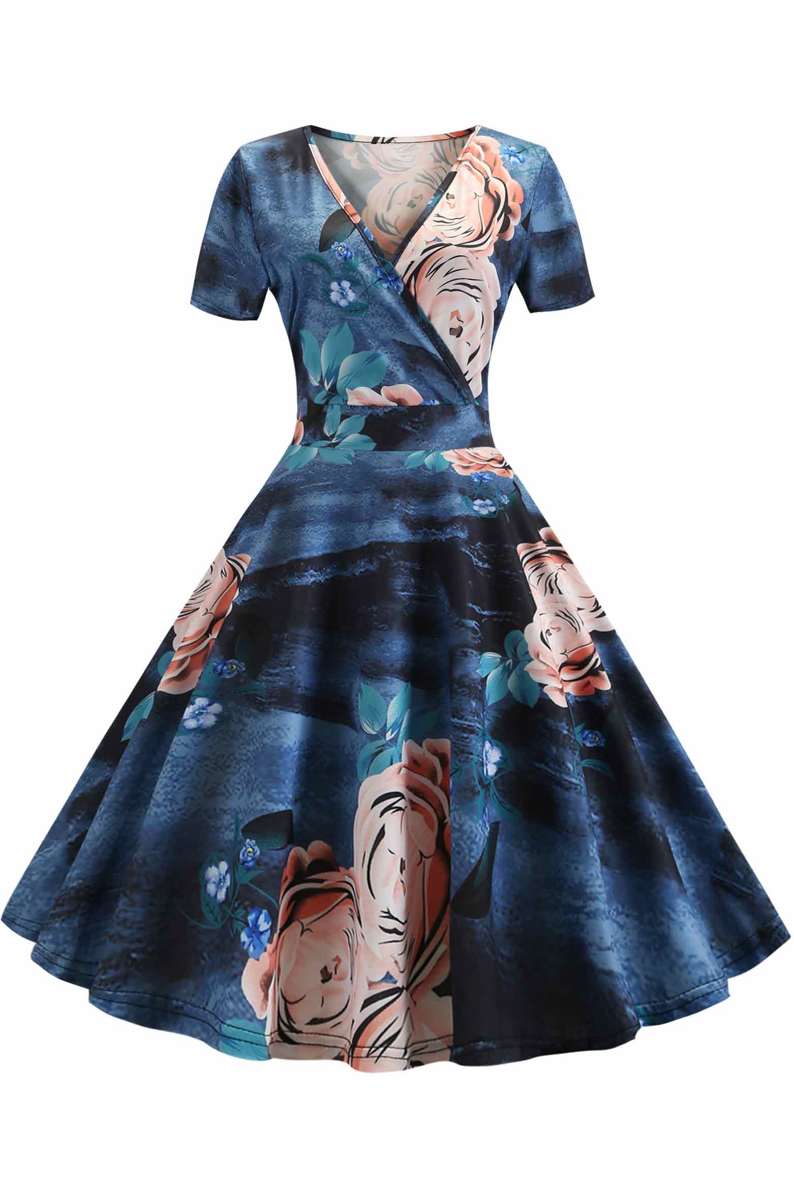 Vintage Floral V-neck A-line Dress - Fashionpara