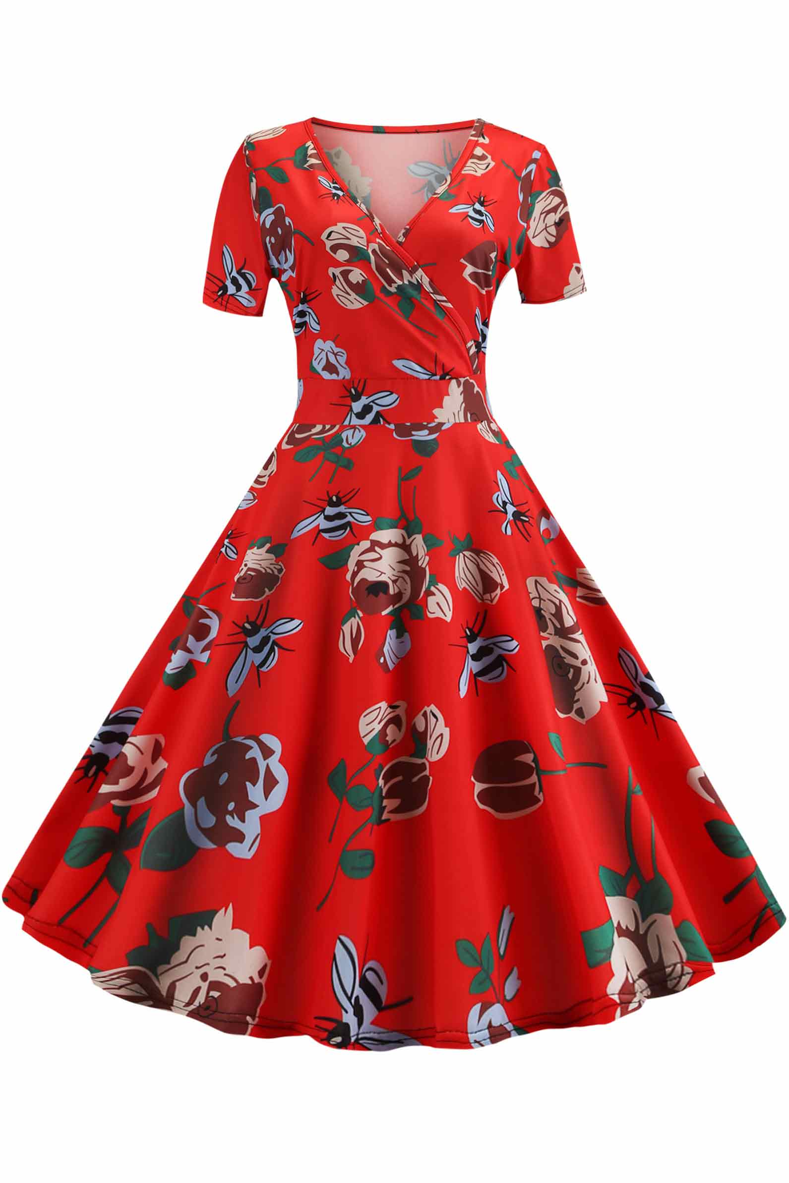Vintage Floral V-neck A-line Dress - Fashionpara