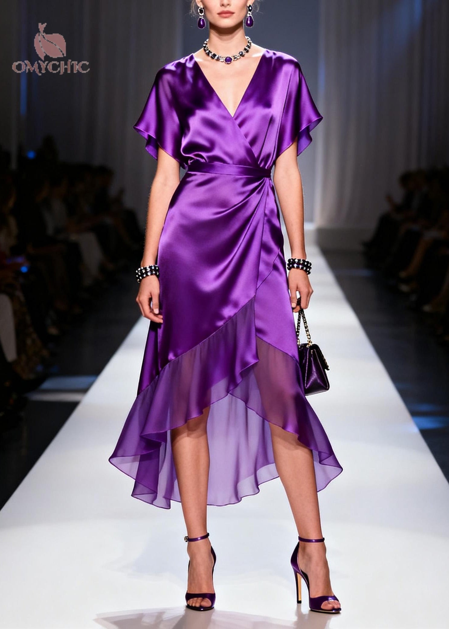 Vintage Purple V Neck Patchwork Chiffon Dresses Summer