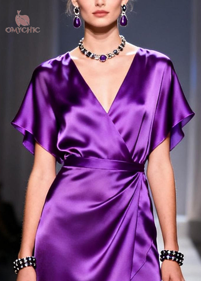 Vintage Purple V Neck Patchwork Chiffon Dresses Summer