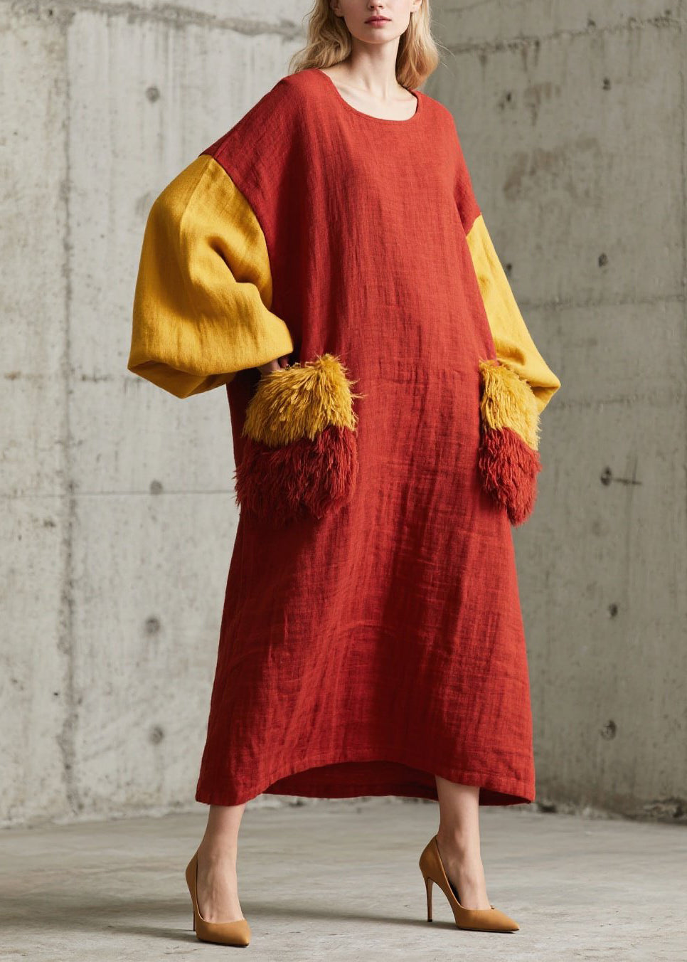 Vintage Red Oversized Patchwork Faux Fur Vacation Dress Lantern Sleeve