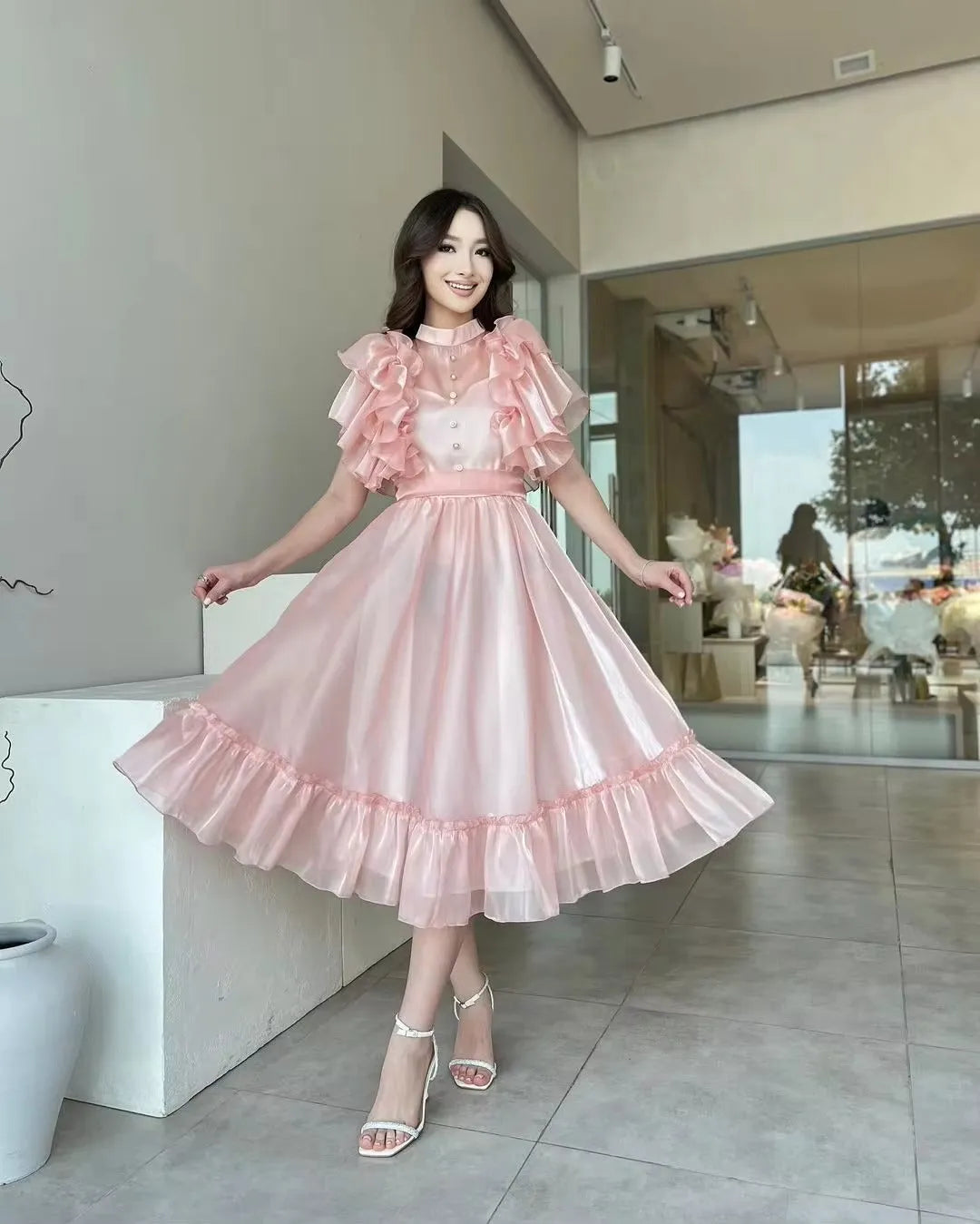 Elegant Pink Evening Dresses A-Line Puff Sleeves Prom Dresses Ankle Length Formal Prom Gowns Button Graduation Dress
