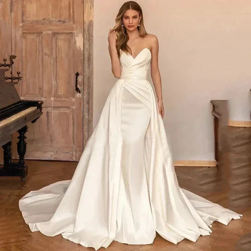Vintage Spaghetti Straps Wedding Dresses V Neck Sexy Ball Gowns A Line Smooth Pleat Satin Long Court Train Formal Bridal Party (ZD14086) - VelvetHem
