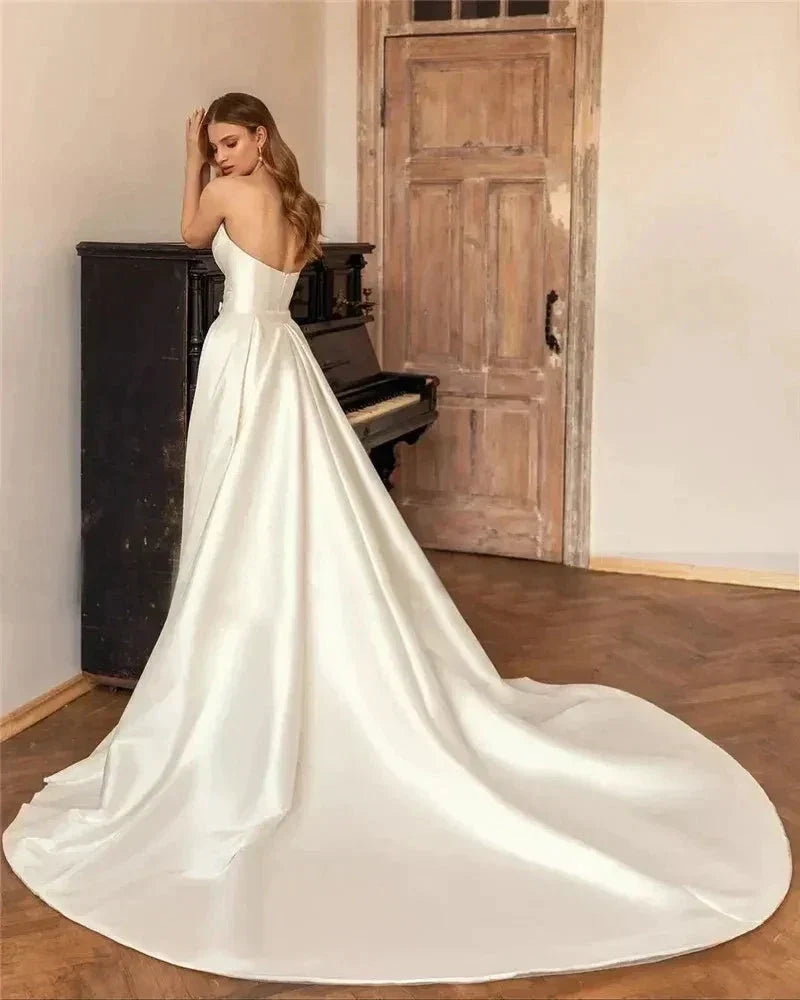Vintage Spaghetti Straps Wedding Dresses V Neck Sexy Ball Gowns A Line Smooth Pleat Satin Long Court Train Formal Bridal Party (ZD14086) - View 2 | VelvetHem