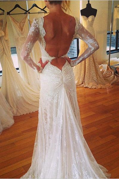 Vintage V-Neck Long Sleeve Wedding Dress Tulle Applique Open Back Brudal Gown