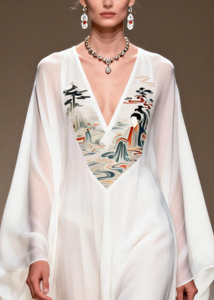 Vintage White V Neck Patchwork Print Chiffon Vacation Dress Summer