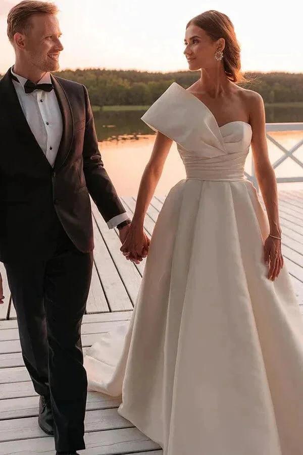 Vintage Wedding Dress One Shoulder Bridal Gown With Court Train WD729 by pgmdress