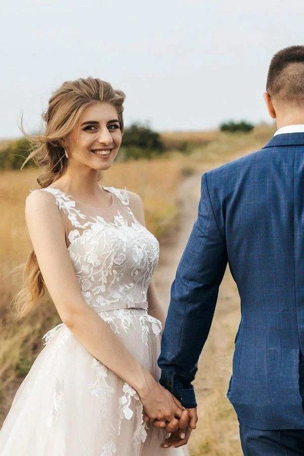 Vintage Lace Scoop Neckline A Line Tulle Wedding Bridal Dress (ZD16261)