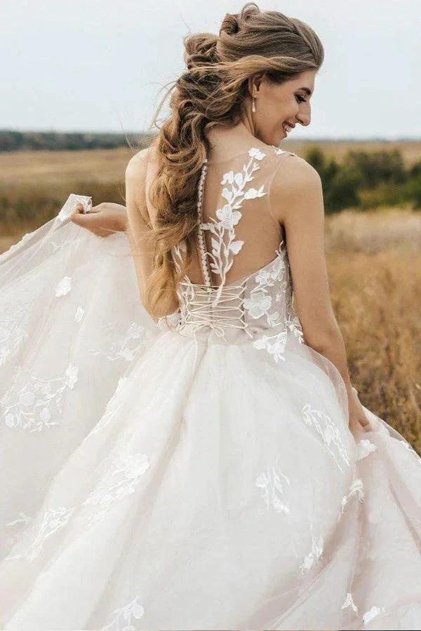 Vintage Lace Scoop Neckline A Line Tulle Wedding Bridal Dress (ZD16261)