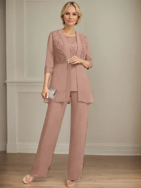 Jumpsuit/Pantsuit Separates Scoop Floor-Length Chiffon Lace Mother of the Bride Dress With Sequins