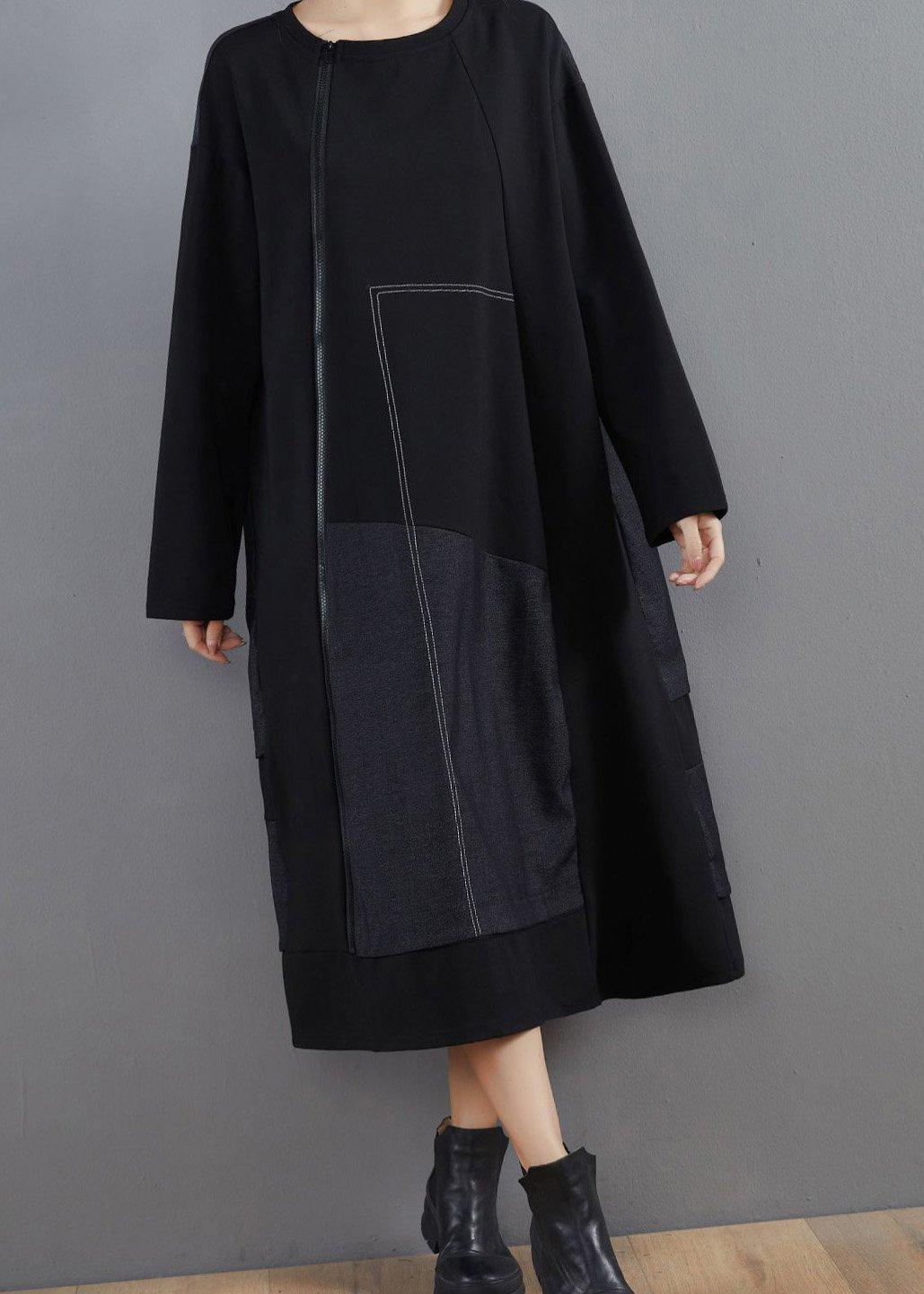 Vivid Black Clothes For Women O Neck Patchwork Long Spring Dresses