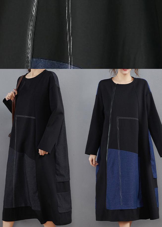 Vivid Black Clothes For Women O Neck Patchwork Long Spring Dresses