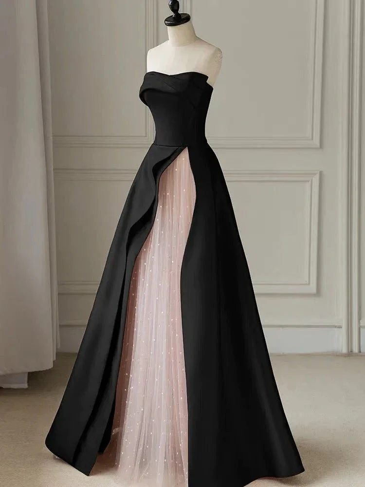 Black Strapless High-Slit Evening Dress With Gauze - Gothic Wedding Dress (ZD13627)