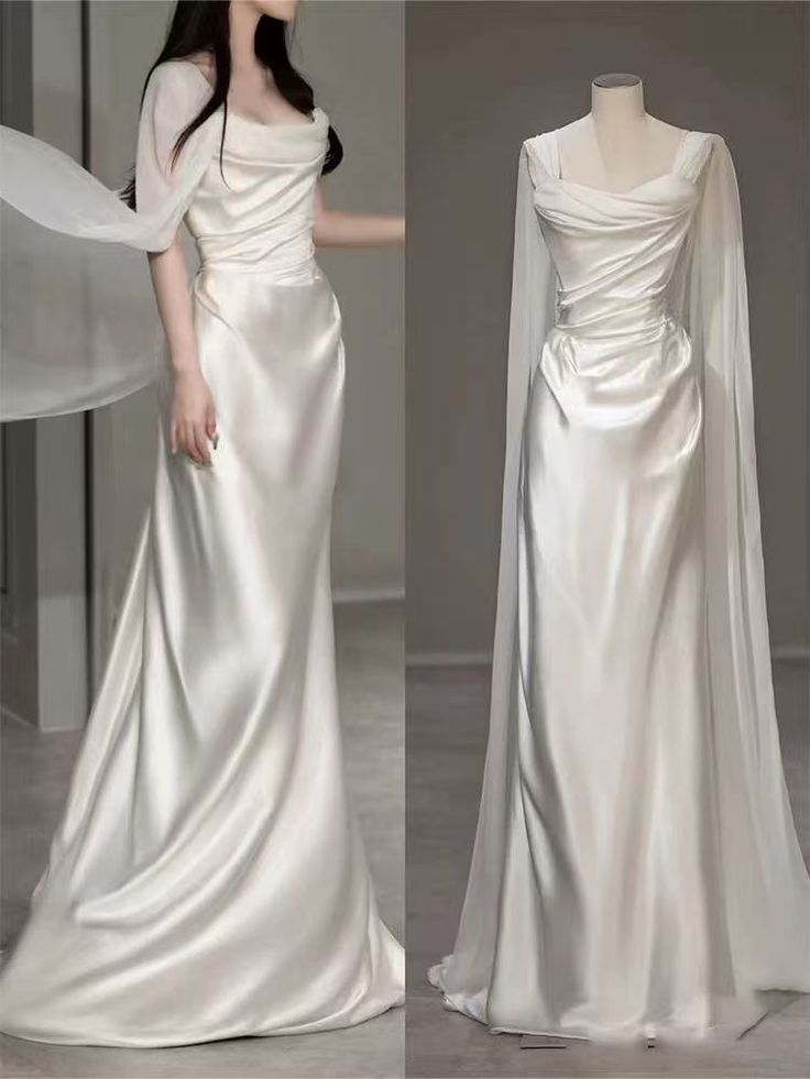 White Satin Pleated Straps Wedding Dress,Elegant Prom Evening Dress - View 4 | FashionDia