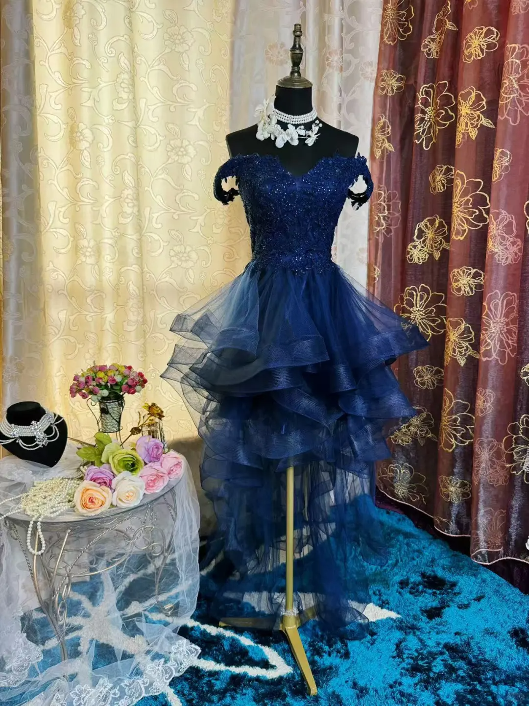 Vintage Navy Blue Tulle Appliques A-Line Short Homecoming Dress Off-the-Shoulder 19th Birthday Outfits - View 5 | FashionDia