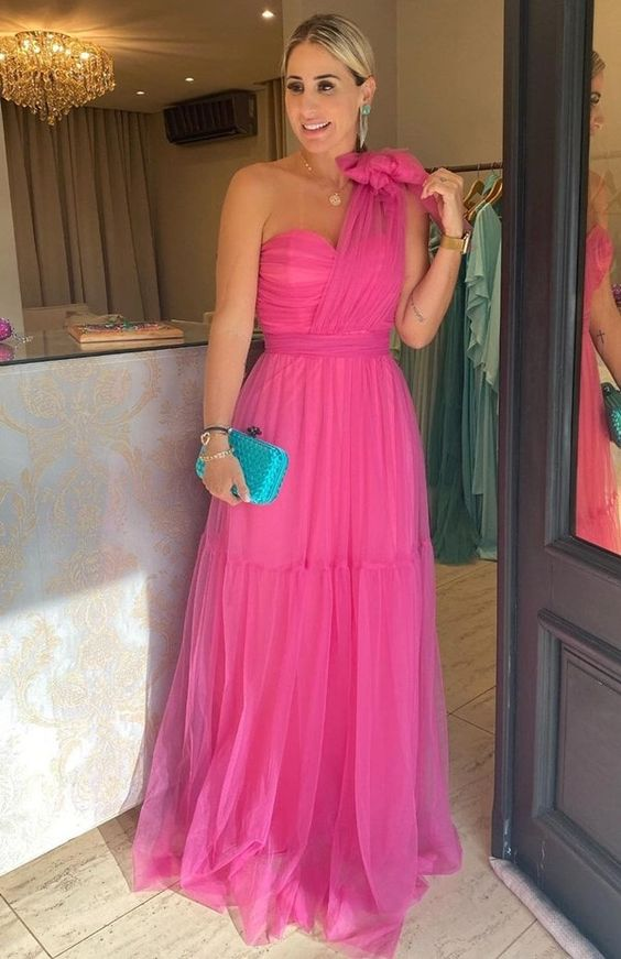 Simple One Shoulder A-Line Tulle Prom Dresses