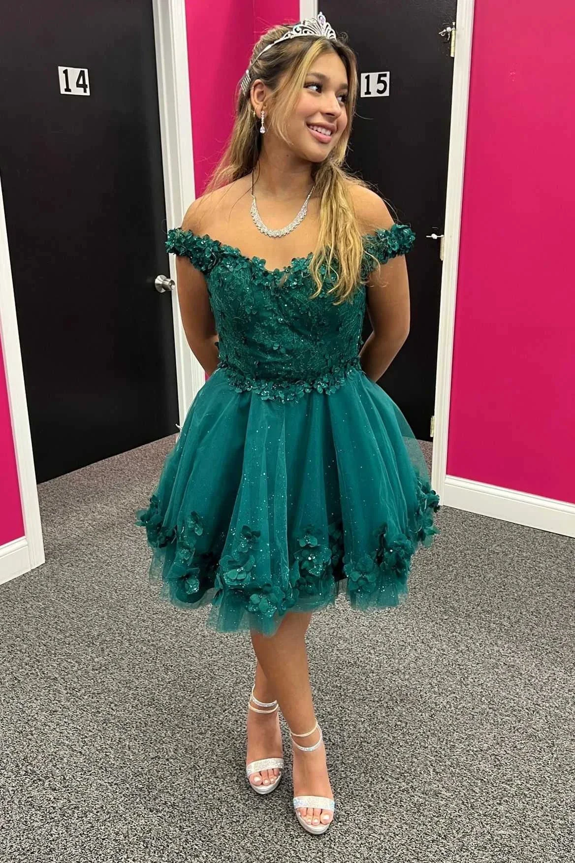 Off-the-Shoulder Emerald Appliques A-Line Homecoming Dress (ZD12252)