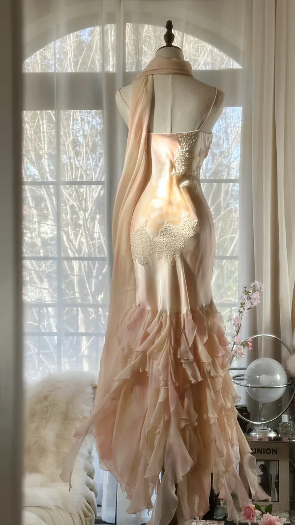 Charming Mermaid Beaded Ruffles Prom Dress,Chiffon Evening Dress - View 3 | FashionDia