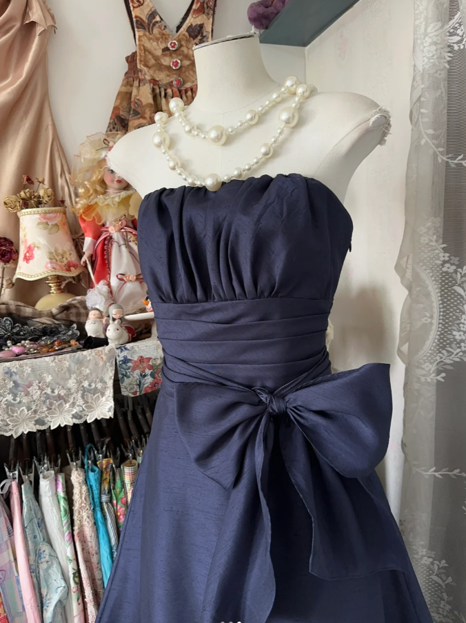 Elegant Navy Blue Strapless Satin Bow A-Line Long Wedding Guest Dress Party Dress - View 2 | FashionDia