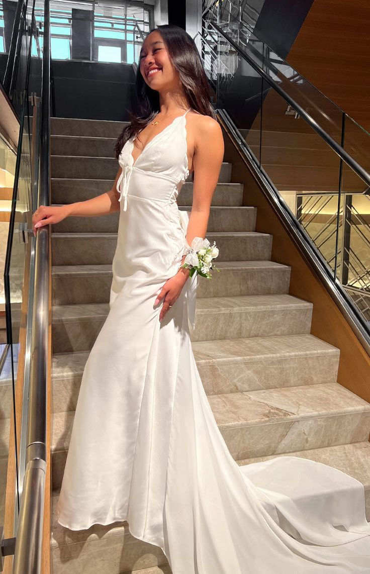 Charming White V Neck Wedding Dress,Long A Line Prom Evening Dress