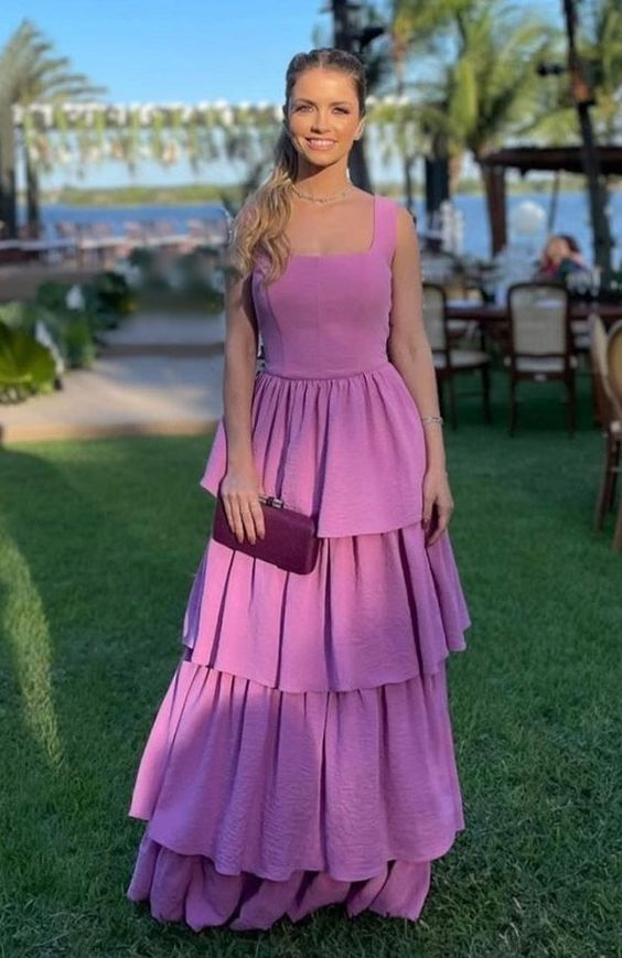 A Line Purple Prom Dresses,Tiered Stretch Satin Evening Dress Y4056 - View 2 | VelvetHem