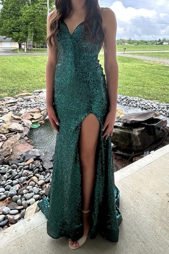 Vintage Green Spaghetti Strap V-Neck Sequin Mermaid Slit Evening Dress Long Party Dress - FashionDia
