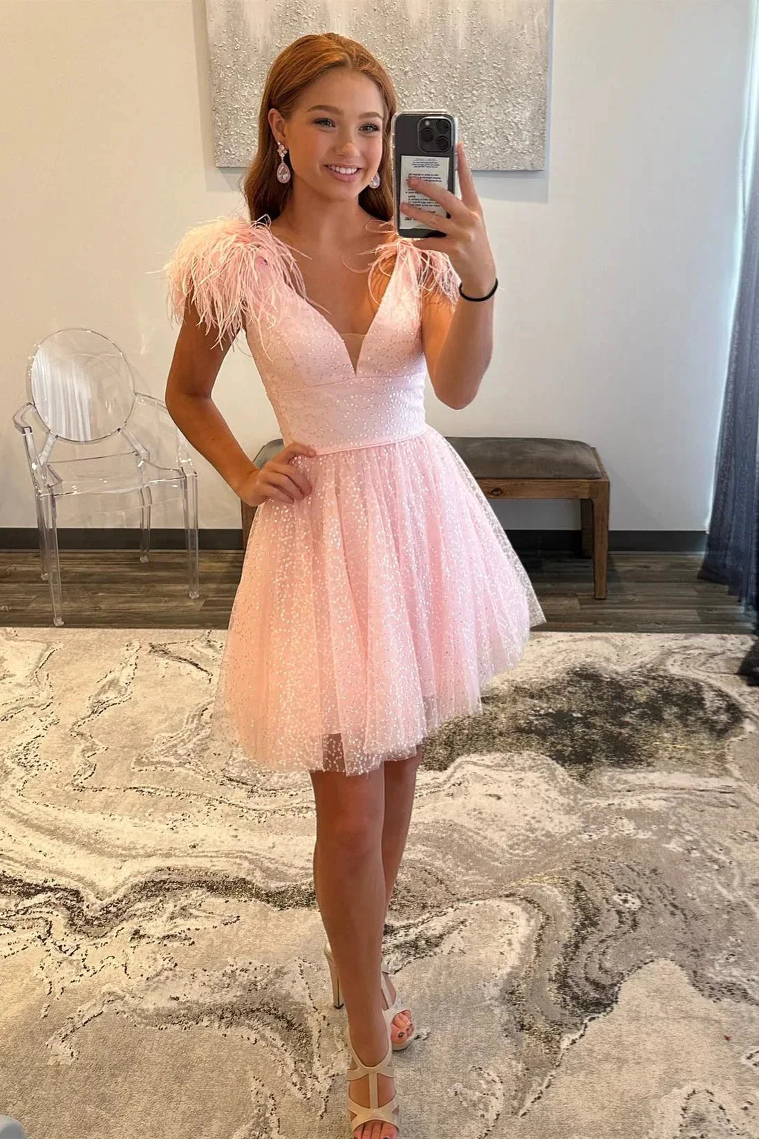 Pink A-line Tulle Deep V Neck Beaded Homecoming Dress with Feathers (ZD11870)