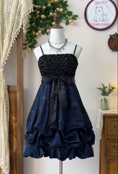 Vintage Spaghetti Straps Rose Flowers Cocktail Dress Navy Blue A-Line Homecoming Dress - View 3 | FashionDia