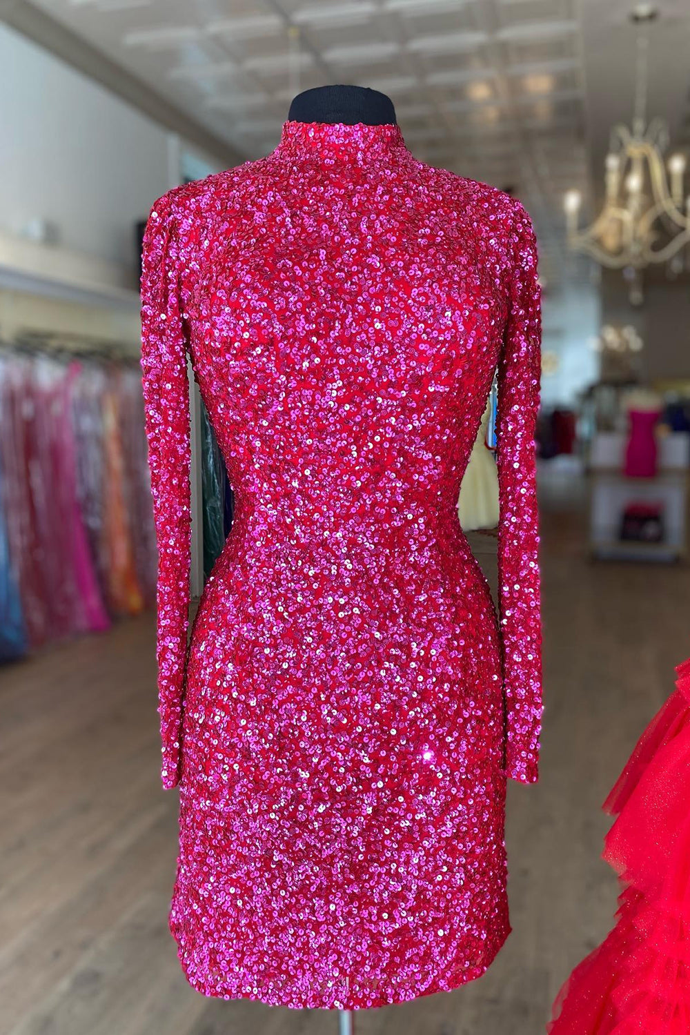 Fuchsia Bodycon Long Sleeve Homecoming Dress With Sequins - FashionDia